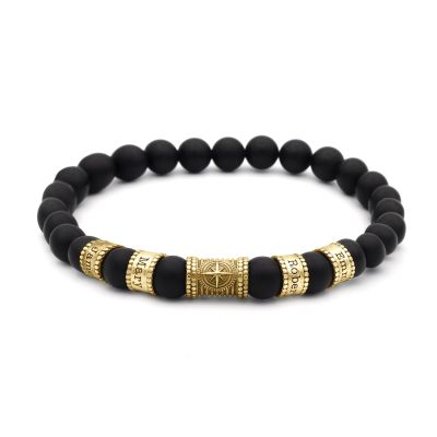 Bracelet Onyx Noir Prénom avec Boussole pour Femme - Plaqué Or 18ct