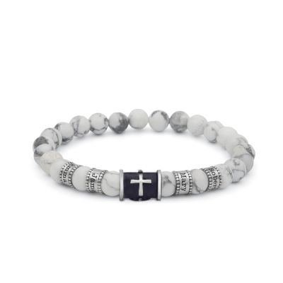 Black Silver Cross Men Name Bracelet with Howlite Stones