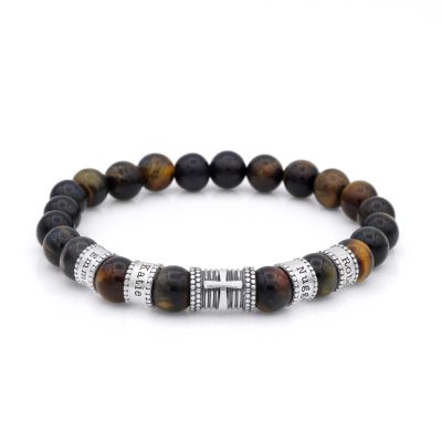 Bracelet Œil de Tigre Vert Prénom avec Croix pour Homme