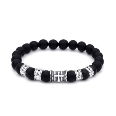 Bracelet Onyx Noir Croix Prénoms avec Diamants pour Homme