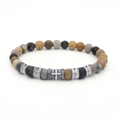 Herren Namensarmband mit Kreuz und Diamanten - Picasso Jasper [Sterlingsilber]