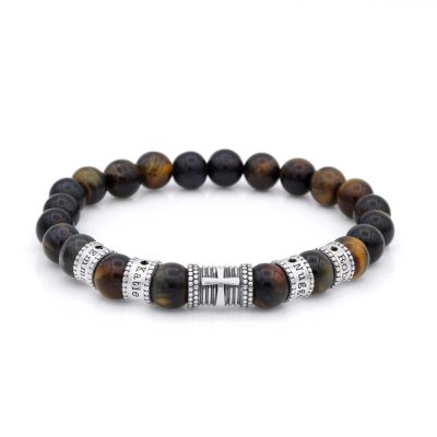 Bracelet Œil de Tigre Vert Croix Prénoms avec Diamants pour Homme
