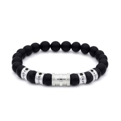Bracelet Croix Prénoms avec Diamants Noirs 0.20ct - Onyx Noir