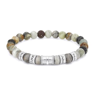 Cross Men Name Bracelet With Picasso Jasper Stones