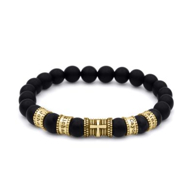 Bracelet Croix en Onyx Noir avec Prénoms pour Femme - Plaqué Or 18ct