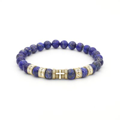 Bracelet Prénom Femme Croix avec Pierres de Lapis-Lazuli – Plaqué Or 18ct