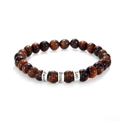 Cool Tiger Eye Men Bracelet with Engraved Silver Charms