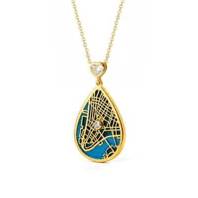 Cherished Spot Aqua Silhouette Map Necklace with Heart Diamond [18K Gold Plated]