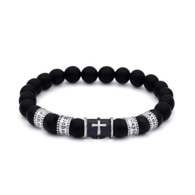 Bracelet Croix Noire en Onyx Noir avec Prénoms pour Homme