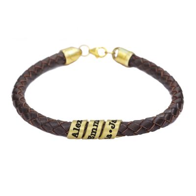 Brown genuine leather engraved bracelet for men.