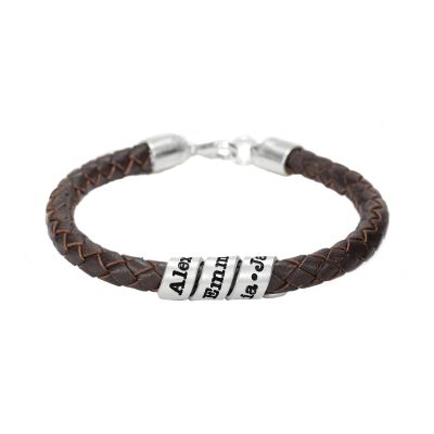 Men Brown Bracelet with Engraved Wrap Sphere in Silver