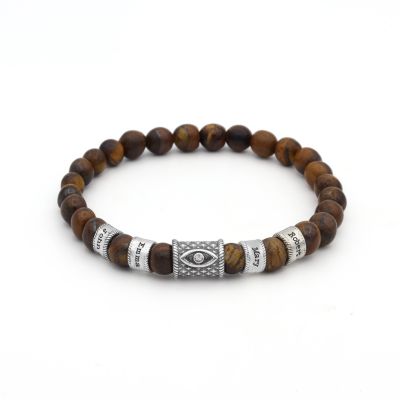 Bracciale di Pietra Occhio di Tigre Marrone con Ciondolo di Malocchio da Donna con Nome e Diamante [Argento 925]