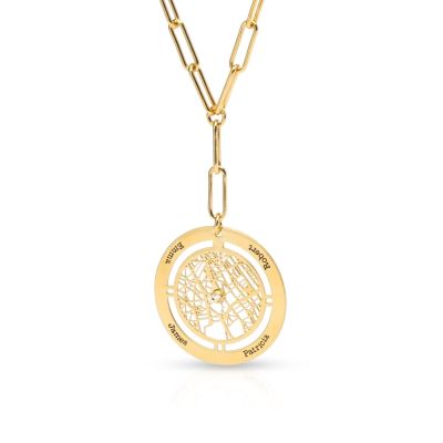Collier Carte Cercle Familial avec Prénoms Stylé en Chaîne Maillons [Plaqué Or 18ct]