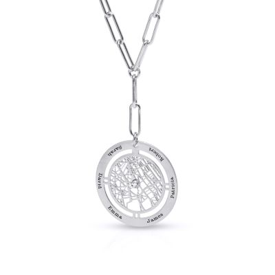 Collier Carte Grand Cercle Familial avec Prénoms Stylé en Chaîne Maillons [Argent 925]