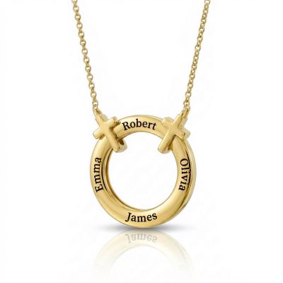 Familienkreis Gravierte Halskette mit Kreuzen [750er Gold Vermeil]