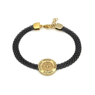 Pulsera Familiar con Nombre y Brújula para Mujeres [Plata de Ley Oscura / Bañada en Oro de 18K]