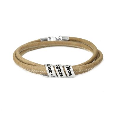 Bracciale con Nome di Famiglia - Pelle Scamosciata Beige [Argento 925] 