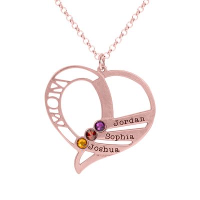 Collier Cœur de Famille avec Pierres de Naissance et Noms [Plaqué Or Rose 18ct]