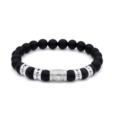 Bracelet Onyx Noir Arbre Familial Prénoms avec Diamants pour Homme