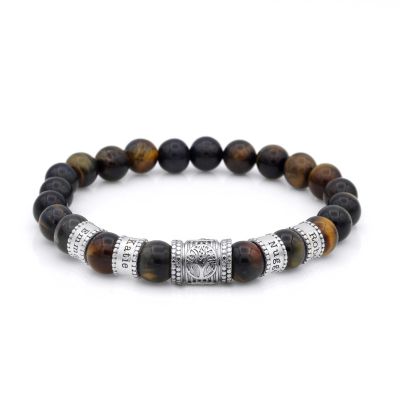 Bracelet Œil de Tigre Vert Prénom avec Arbre Familial pour Homme