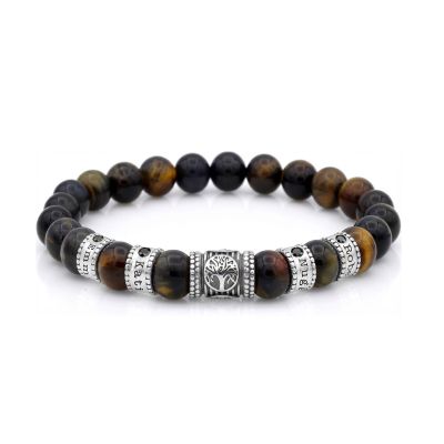 Bracelet Homme Arbre Familial avec Diamants Noirs 0,20 ct – Œil de Tigre Vert