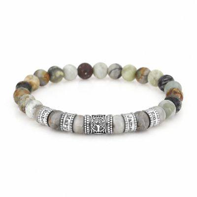 Bracelet Arbre Familial Jaspe Picasso avec Prénom pour Homme [Argent 925]