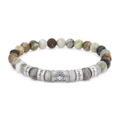 Family Tree Men Name Bracelet with Picasso Jasper Stones