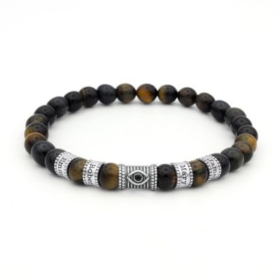 Evil Eye Men Name Bracelet - Green Tiger Eye Stones - Stretchy Bracelet