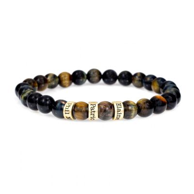 Bracelet Œil de Tigre Vert avec Prénoms pour Homme [Vermeil 18ct]