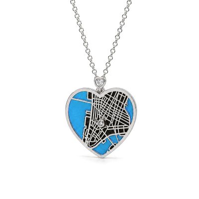 Collier Carte Liens du Cœur Silhouette Aqua avec Diamant Cœur