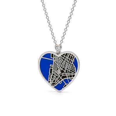 Ties of Heart Aqua Silhouette Map Necklace with Heart Diamond