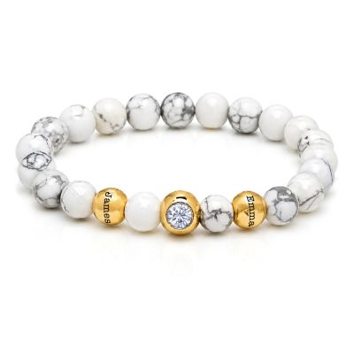 Howlite Beaded Bracelet with 1 Ct Diamond – Engraved Spheres [18K Gold Vermeil]