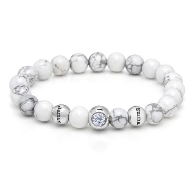 Howlite Beaded Bracelet with 1 Ct Diamond – Engraved Spheres [Silver]