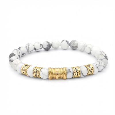 Bracelet Prénom Femme Croix avec Pierres de Howlite – Plaqué Or 18ct