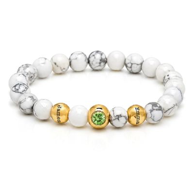 Howlite Birthstone Beaded Bracelet – Engraved Spheres [18K Gold Vermeil]