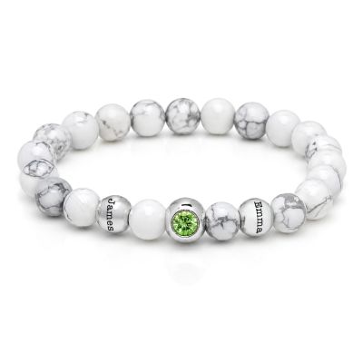Howlite Birthstone Beaded Bracelet – Engraved Spheres [Silver]