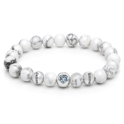 Ties of Love Howlite Birthstone Beaded Bracelet – Engraved Spheres [Silver]