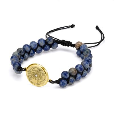 Lapis Lazuli Engraved Map Men Bracelet [14 Karat Gold]