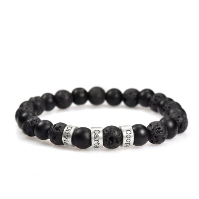 Custom Name bracelet with Lava mix stones and engravings of your choice on silver beads