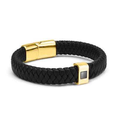 Schwarzes Herren Lederarmband mit Nano-Bibel — 750er Vermeil Gold