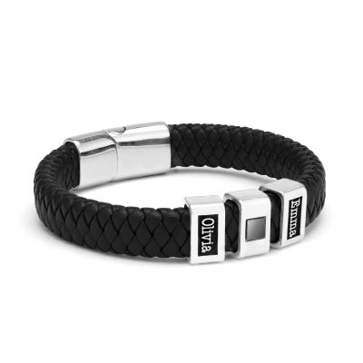 Schwarzes Herren-Lederarmband mit Nano-Bibel und Gravur - Sterlingsilber