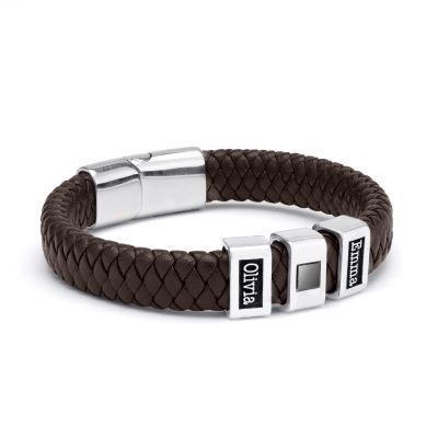 Bracelet Prénoms avec Nano Bible pour Homme [Cuir Marron / Argent 925]