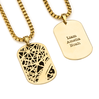 Collier Plaque Carte Silhouette pour Homme - Plaqué Or 18ct