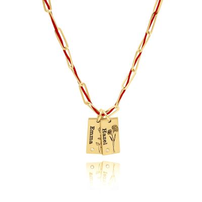Mirella Geburtsblume Kette mit Gravur – Rote Kordel [750er Gold Vermeil]