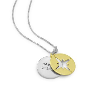 Collier Boussole Cœur avec Coordonnées [Argent 925 / Or 14 Carats]