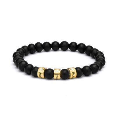 Bracelet en Onyx Noir pour Femme avec Perle Gravée et Diamants — Vermeil 18ct