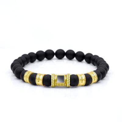 Zwarte Onyx Heren Naam Armband Met Nano Bijbel [18K Goud Vermeil]
