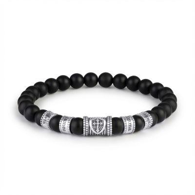 Shield Men Name Bracelet With Black Onyx Stones [Sterling Silver]