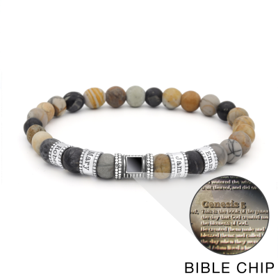 Bracelet Jaspe Picasso Prénoms pour Homme avec Nano Bible