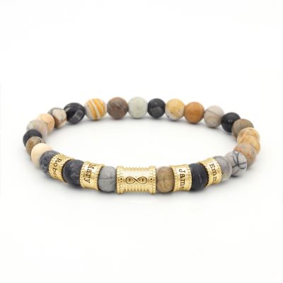Bracelet Infini Jaspe Picasso avec Prénoms pour Femme - Plaqué Or 18ct